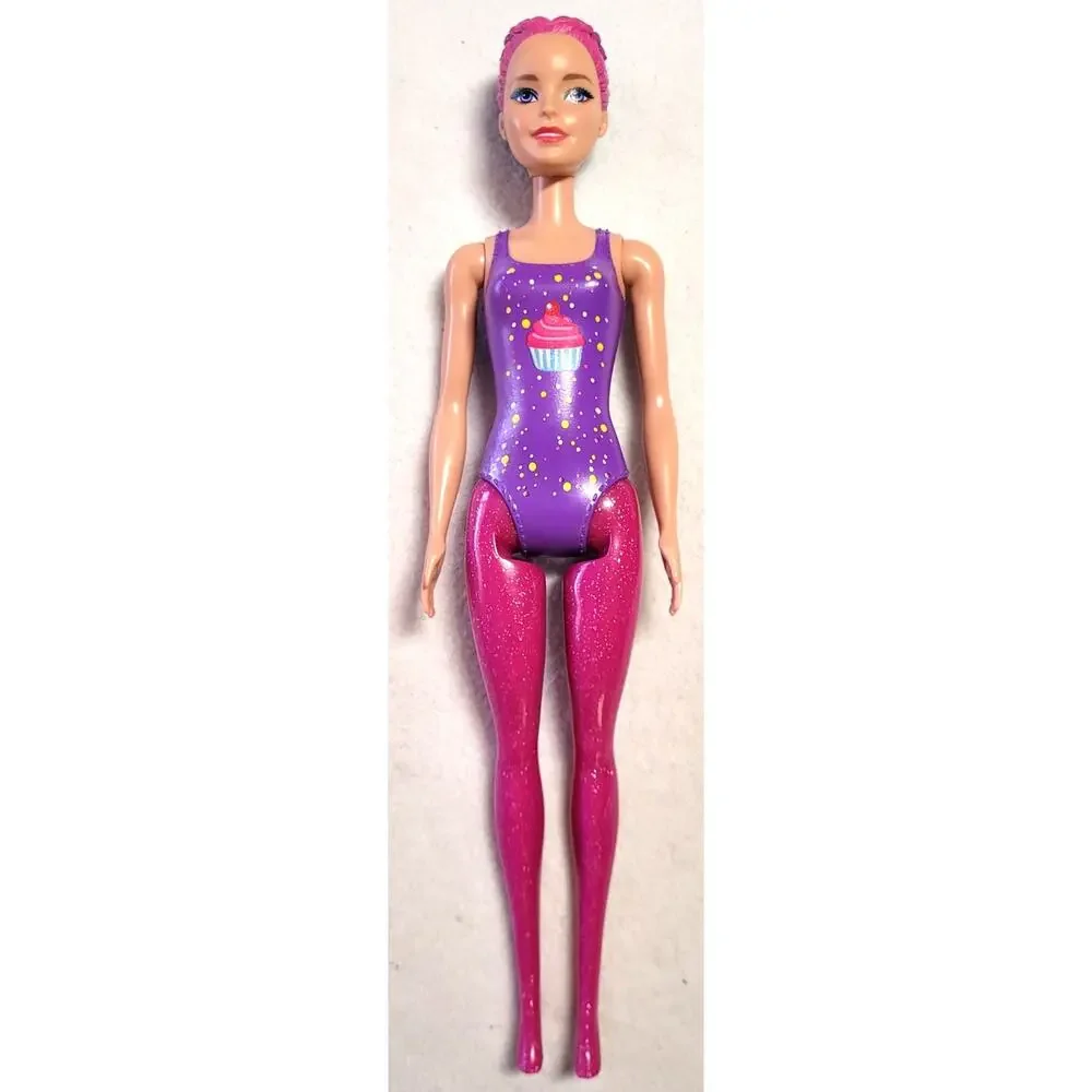 2021 Barbie Color Reveal Glitter Doll Cupcake Molded Swimsuit Pink Glitter Legs